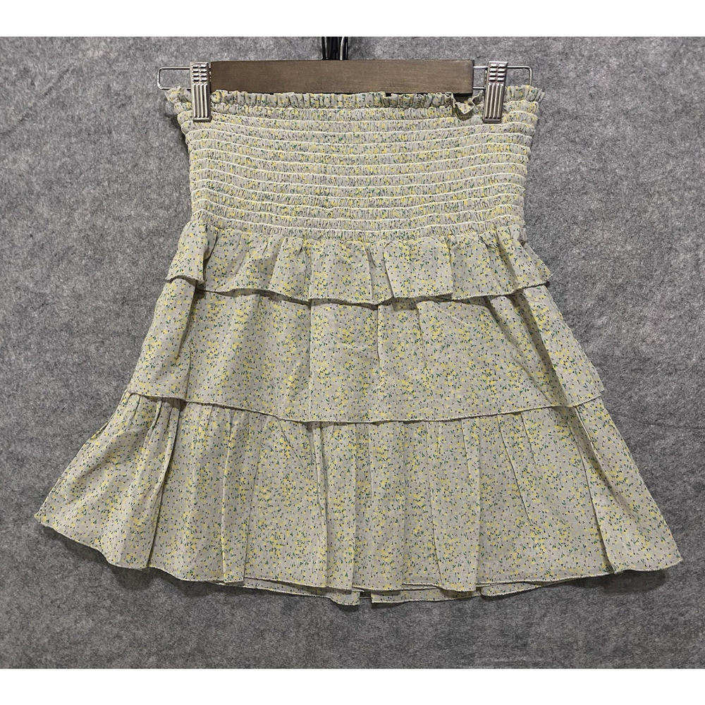 Koch Tiered Ruffle Mini Skirt Sz XS Yellow Ditsy Floral Layered Smocked Y2K